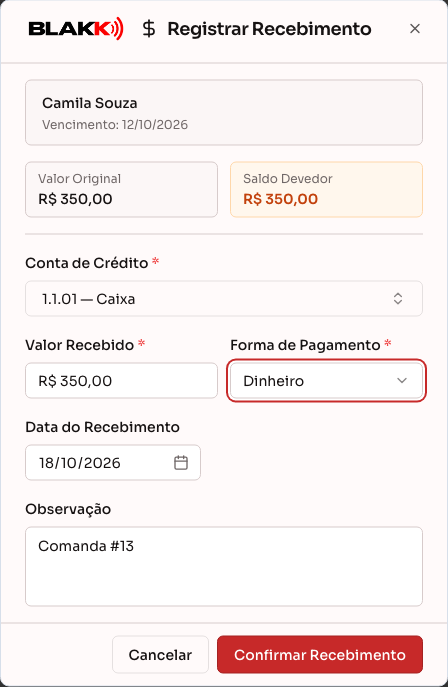 Janela de registrar recebimento, com os campos preenchidos