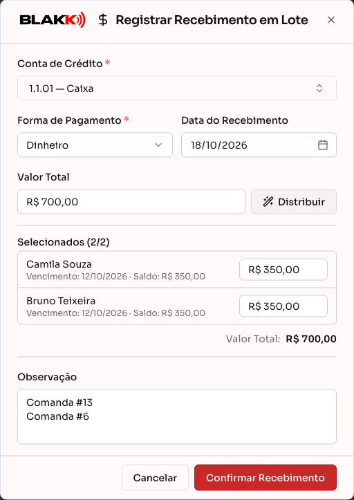 Janela de recebimento em lote, com o valor distribuído entre as parcelas