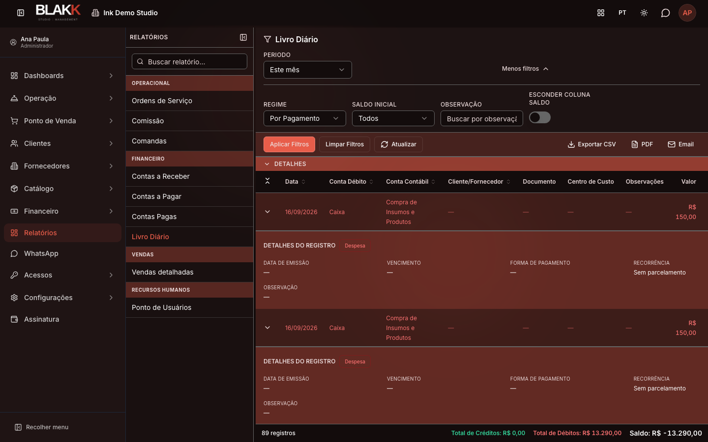 Linha expandida, com os detalhes extras do lançamento