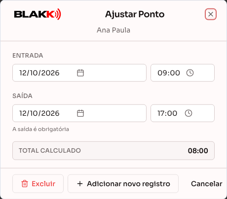 Janela de edição de um registro de ponto