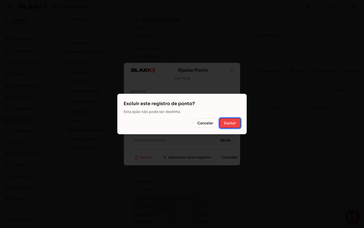 Confirmação de exclusão de um registro de ponto