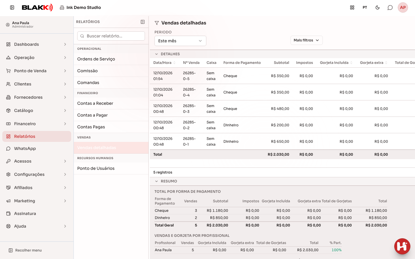 Relatório de Vendas, com a lista de vendas do mês e os filtros no topo
