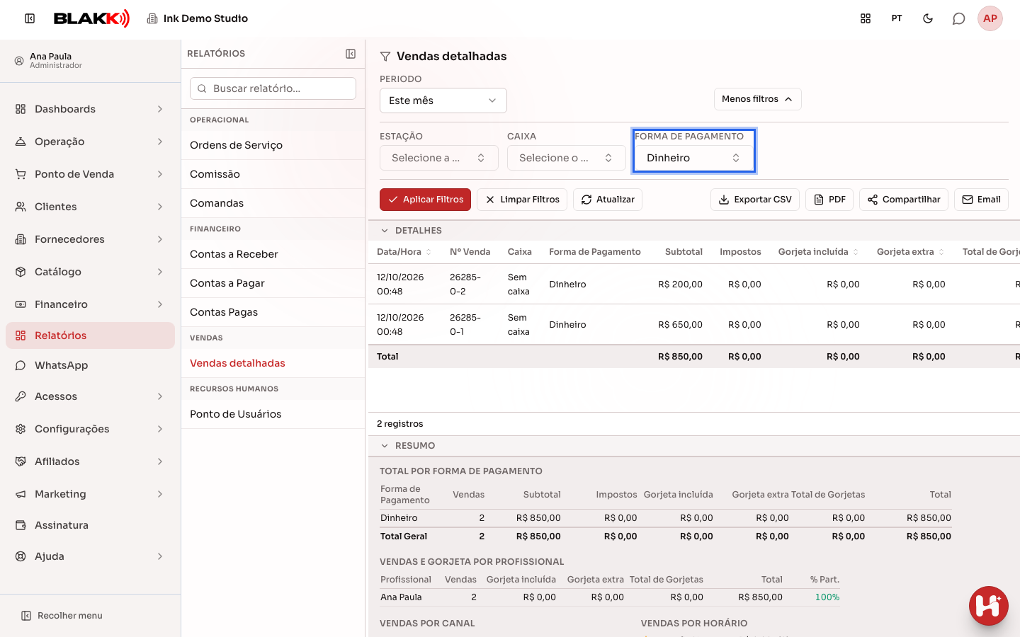 Relatório filtrado por uma forma de pagamento