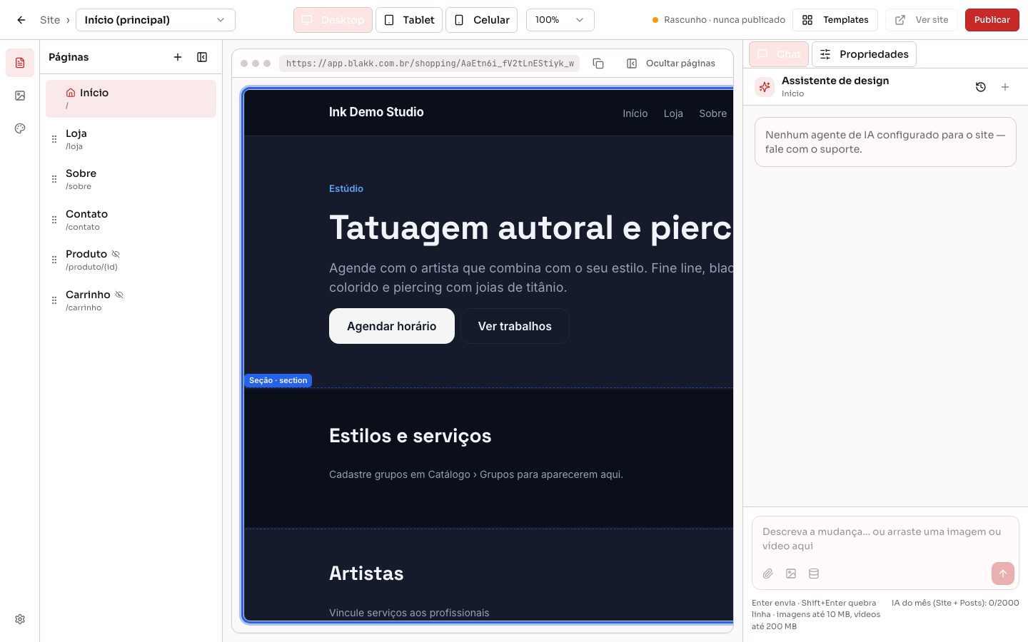 Editor do site com o preview mostrando os dados do estúdio