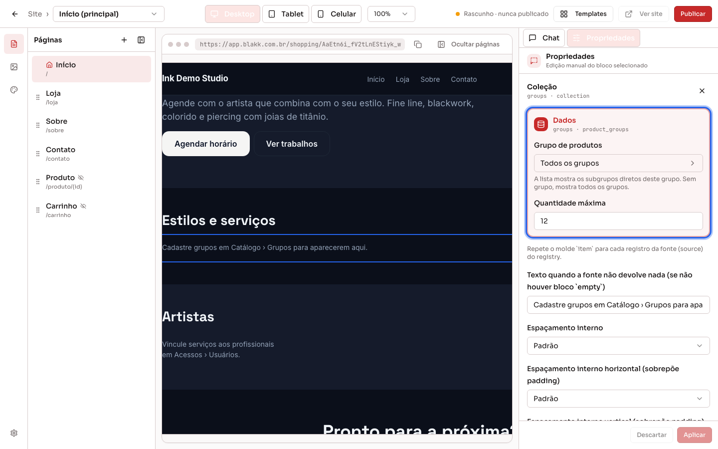 Lista do catálogo selecionada no preview, com o quadro Dados (Grupo de produtos e Quantidade máxima) na aba Propriedades