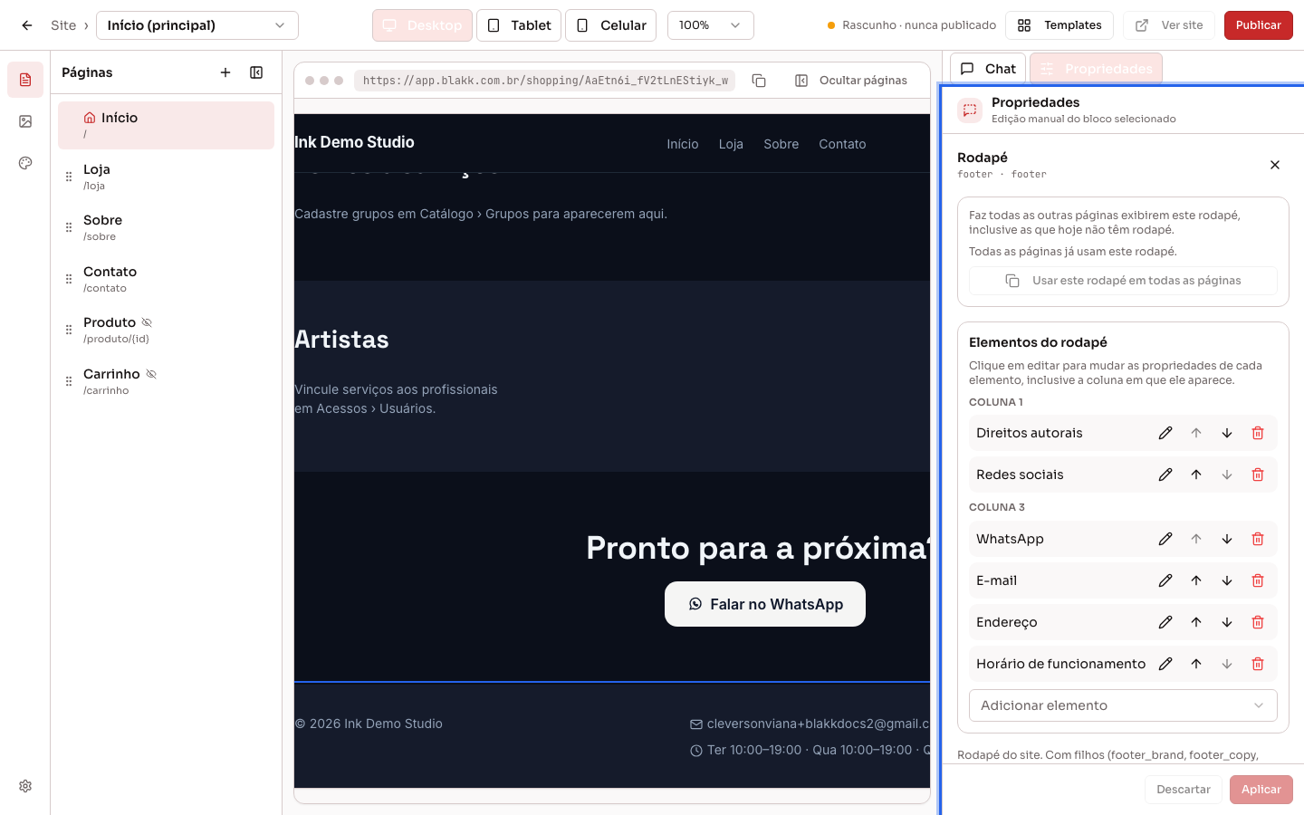 Rodapé do site com os dados da empresa