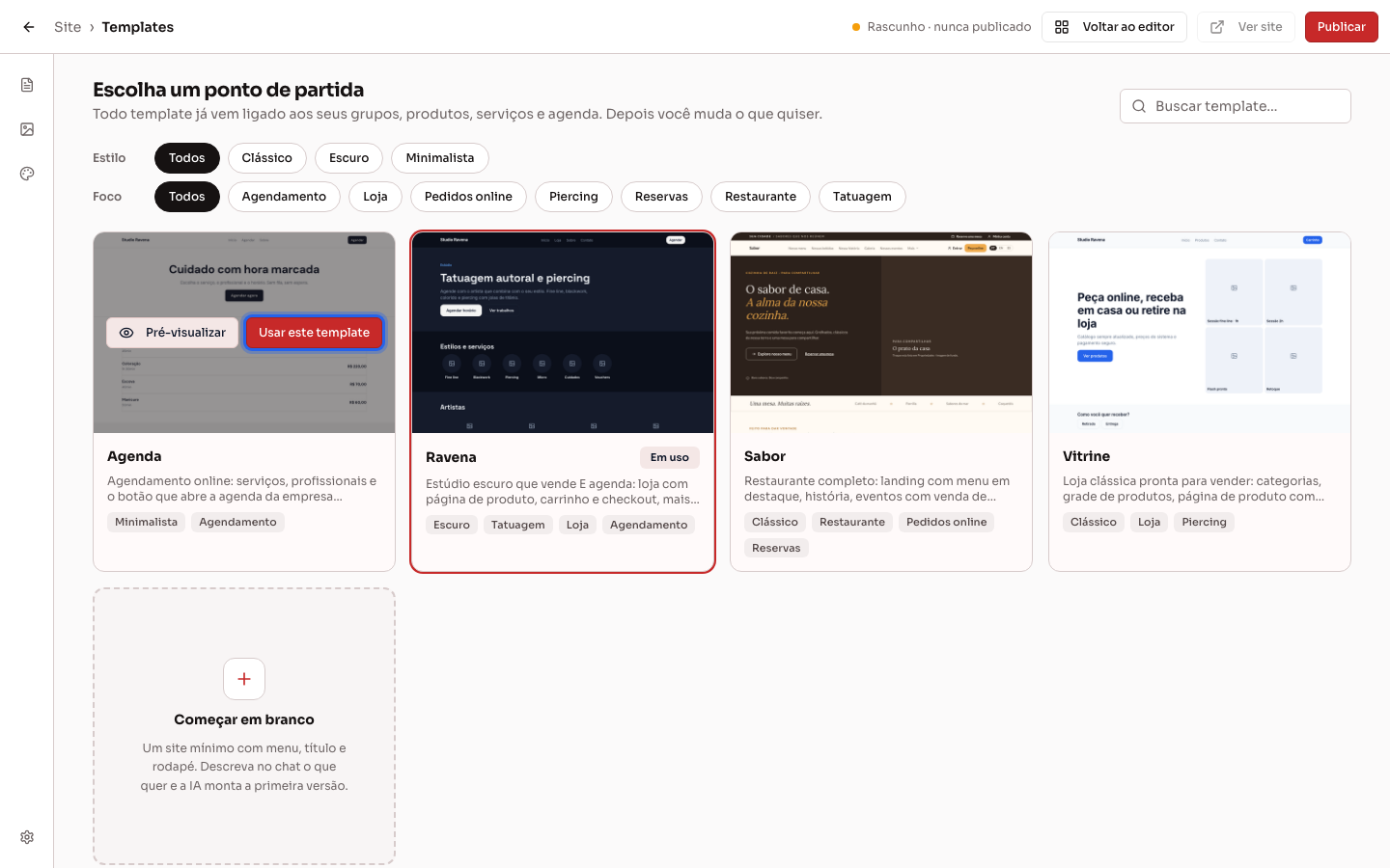 Tela Escolha um ponto de partida, com os templates disponíveis