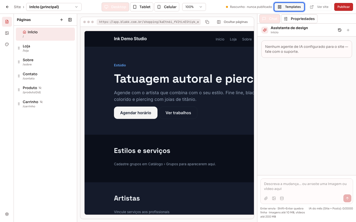 Editor do site com o botão Templates no topo