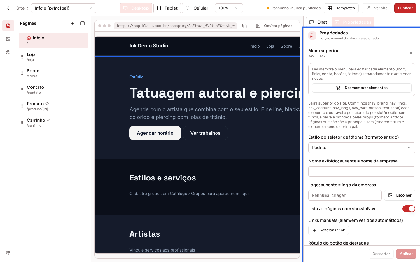 Menu do topo selecionado, com a aba Propriedades aberta