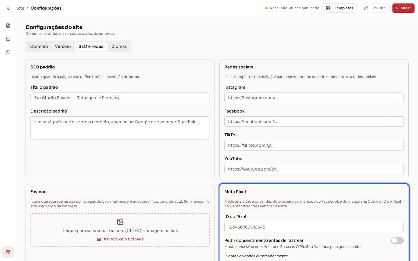 Configurações do site, aba SEO e redes