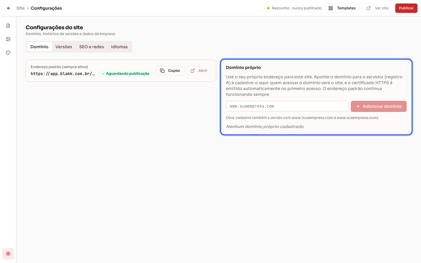 Configurações do site, aba Domínio