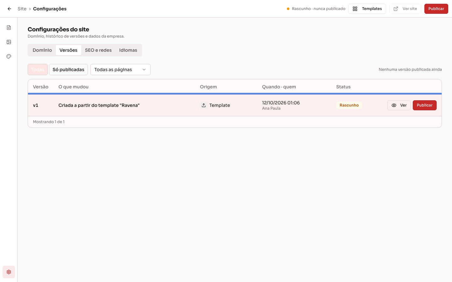 Configurações do site, aba Versões