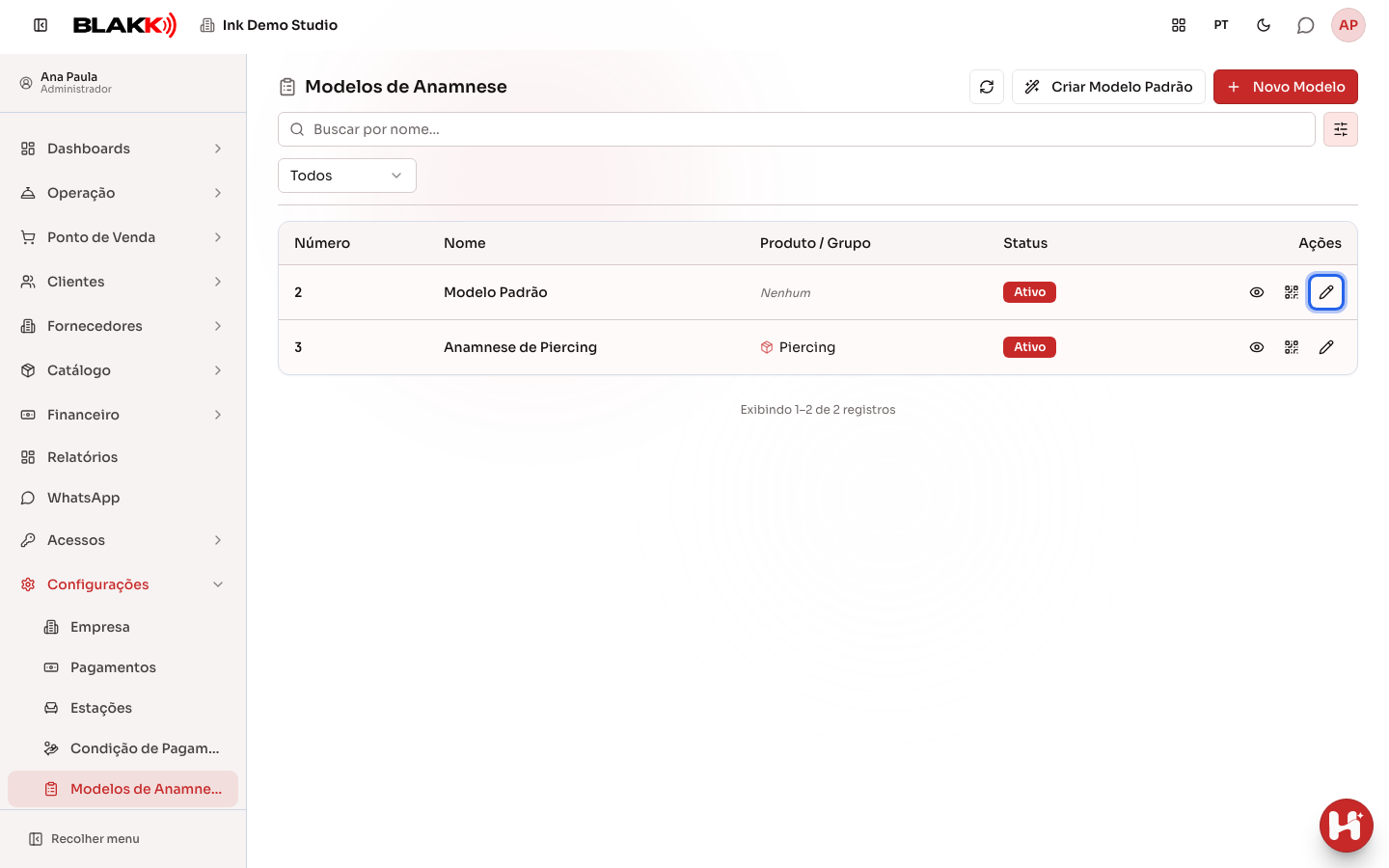 Lista de modelos de anamnese, com o botão Editar do Modelo Padrão em destaque