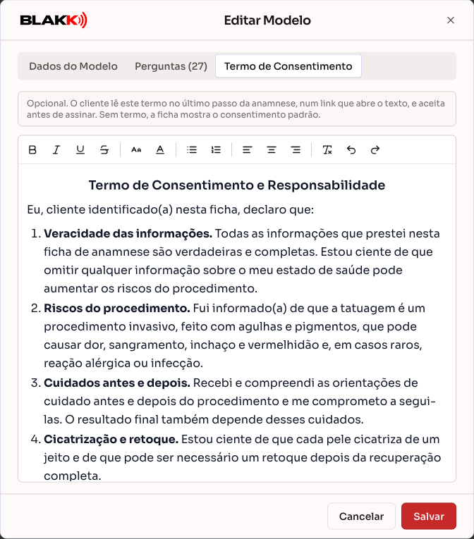 Aba Termo de Consentimento do Modelo Padrão, com o termo de exemplo no editor