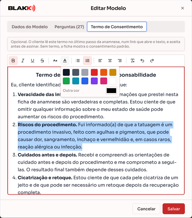 Uma cláusula do termo selecionada e a paleta de cores aberta