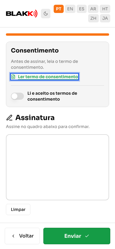 Último passo da ficha no celular, com o link para ler o termo de consentimento