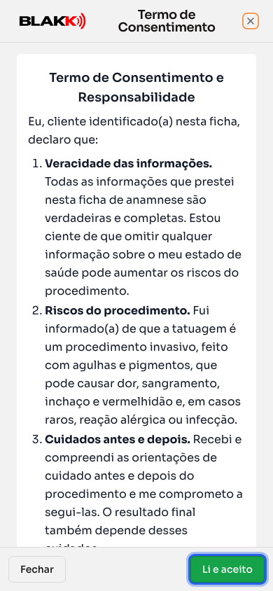 Janela do termo de consentimento no celular, com os botões Fechar e Li e aceito