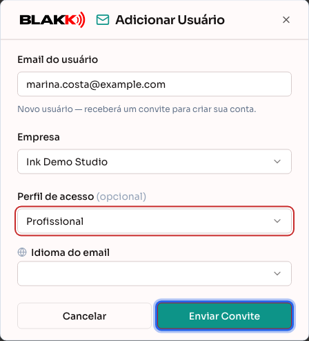 Convite preenchido, com empresa e perfil escolhidos