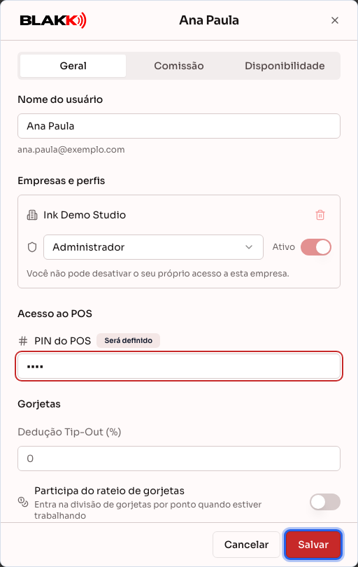 Edição de um usuário, com o perfil e o PIN preenchidos
